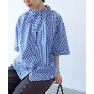 ブラウス シャツ 半袖 グランジウォッシュ ギャザーフリルブラウス レディース
