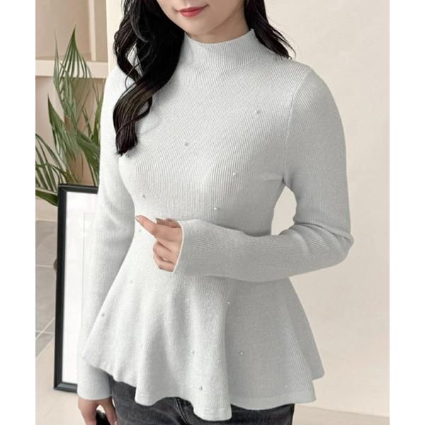 ニット セーター パール付きペプラムニットトップス「オフィスカジュアル フェミニン 上品」「再入荷」...