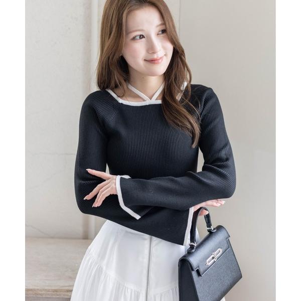 ニット セーター バックリボン配色フレアスリーブニットトップス「大人 綺麗目 カジュアル シンプル」...