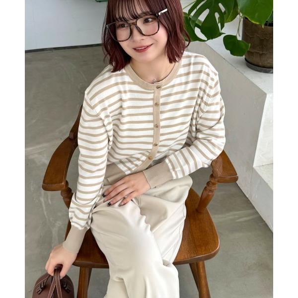 ニット セーター ボーダーニットカーディガン「オフィスカジュアル 着回し抜群 大人 カジュアル」「再...