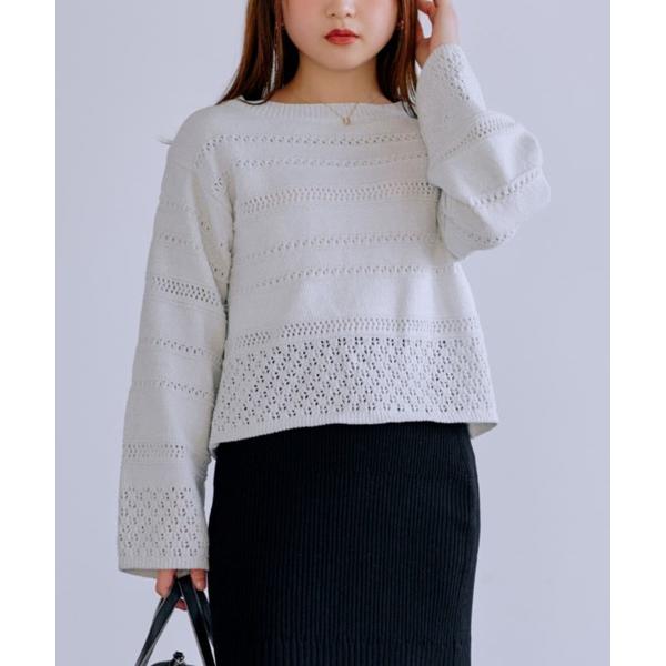 ニット セーター ラメモールアイレットボーダーニット 「低身長・小柄女性」 レディース