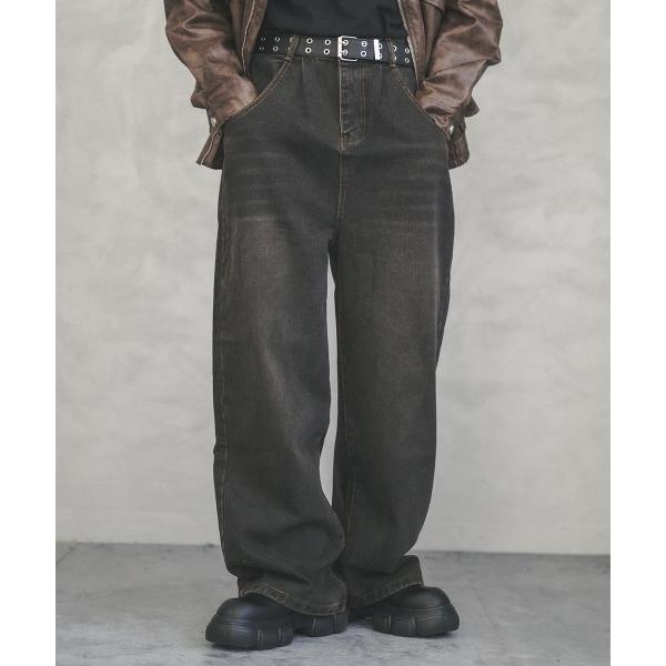 ワイドパンツ ジーンズ Vintage wash wide straight denim pants...