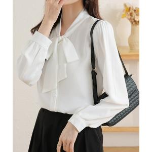 ブラウス シャツ レディース オフィスでもプライベートでも 長袖 ボウタイ リボン ブラウス 「オフィスカジュアル」「きれいめカジュアル」 レディー