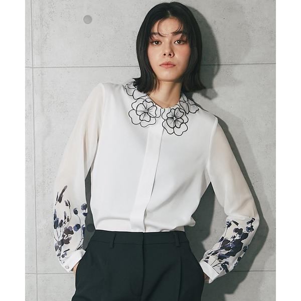 ブラウス シャツ 花柄オーガンジー襟ブラウス レディース
