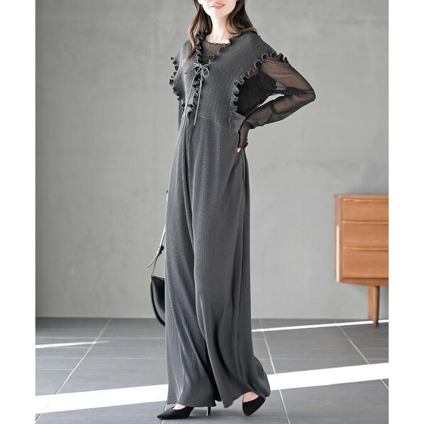 サロペット オーバーオール レースアッププリーツオールインワン レディース