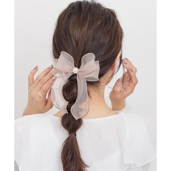 ヘアクリップ ビジューダブルオーガンジーリボンフックポニー　ヘアカフ
