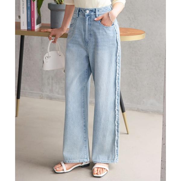 ジーンズ デニム デニムパンツ 「 低身長向けサイズ 」 サイドフリンジラインデニムパンツ レディー...