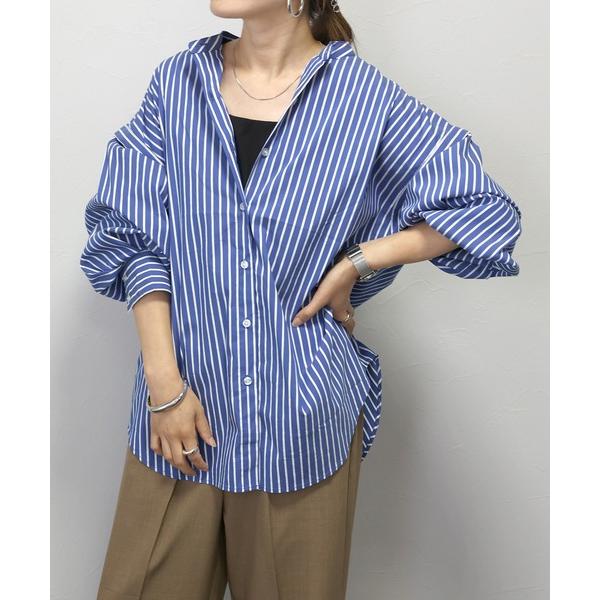 ブラウス シャツ バンドカラー2WAYスリーブストライプシャツ レディース