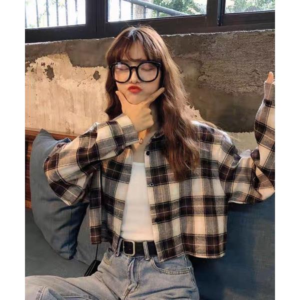 ブラウス シャツ ABETTOR チェッククロップド丈オーバーサイズ長袖ブロードシャツ レディース