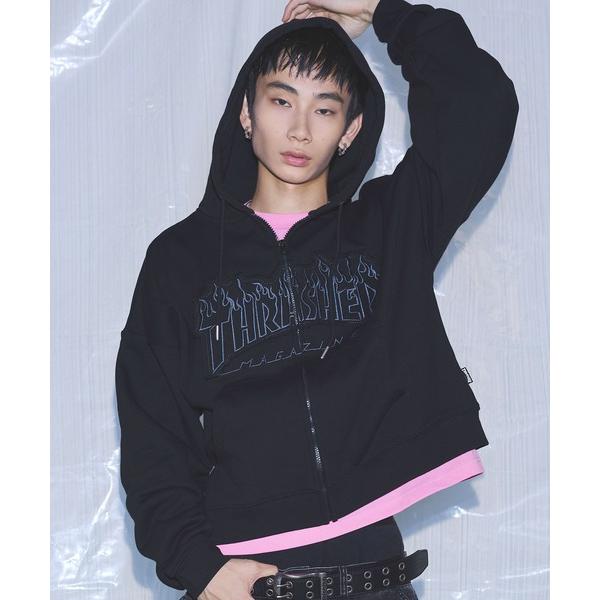 パーカー THRASHER×MSG/スラッシャー 別注　ヘビーウェイト裏毛パッチワーク刺繍ジップアッ...