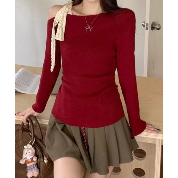 ニット セーター レースリボンストラップ ワンショル リブニット レディース