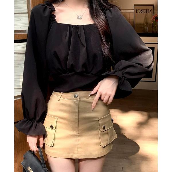 ブラウス シャツ バックリボン　スクエアネック ボリュームスリーブブラウス レディース