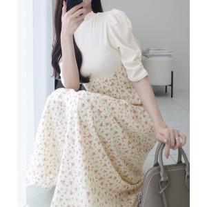 パーティードレス ワンピース 夏 「mily bilet」一枚で主役級フェミニンスタイル。後ろシアーリボン花柄ドッキング袖ギャザーワンピース（ロング丈）