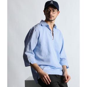 シャツ コットン/リネン素材 7分袖 スキッパーシャツ メンズ