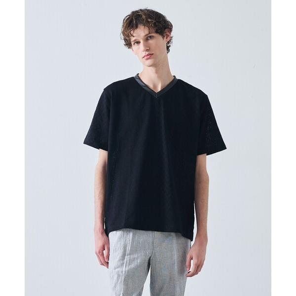 tシャツ パッチワーク  PUレザー Vネック 半袖 Tシャツ メンズ