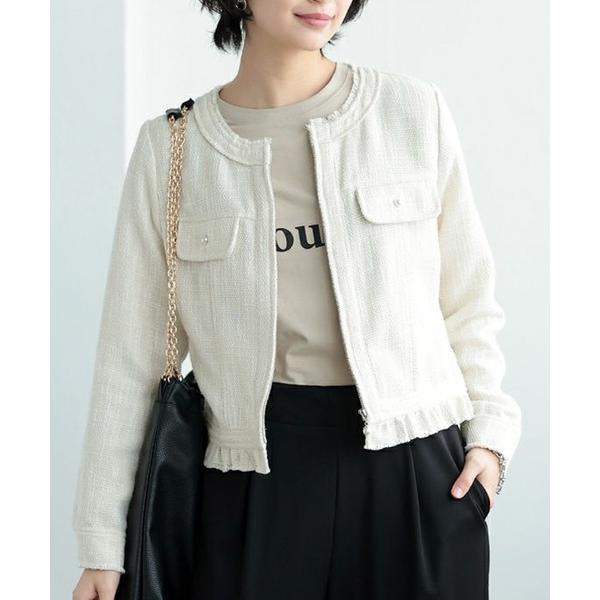 コート アウター サマーツイードノーカラーフリルジャケット レディース
