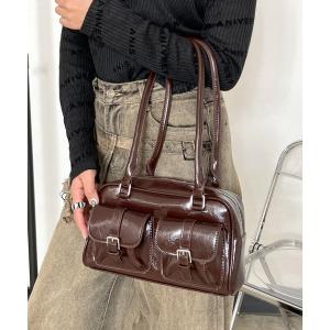 ボストンバッグ 2ポケット付合成皮革ボストンバッグ レディース