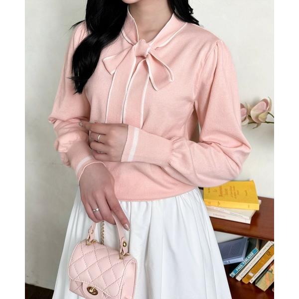 ニット セーター 配色ボウタイニットトップス「オフィスカジュアル リボン バレエコア ガーリー」 レ...