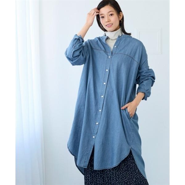 ワンピース 綿１００％デニムバンドカラーシャツワンピース