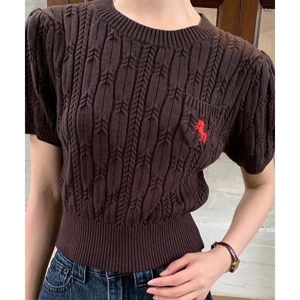 ニット セーター ケーブル編みユニコーン刺繍半袖ニット レディース