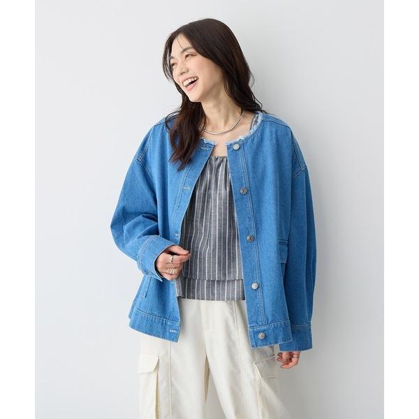 デニムジャケット gジャン 「anyfee/プラスサイズ」ノーカラーデニムジャケット レディース