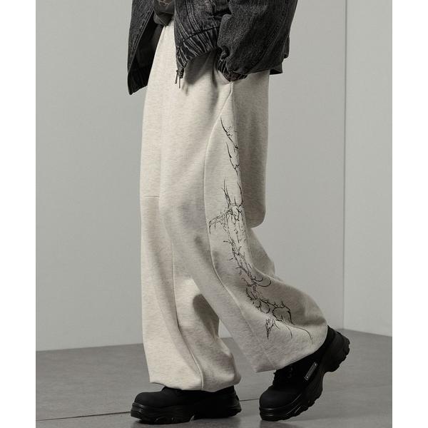 スウェットパンツ ジャージ 「Alfred Alex 」クラックプリント裾ドローコードワイドスウェッ...