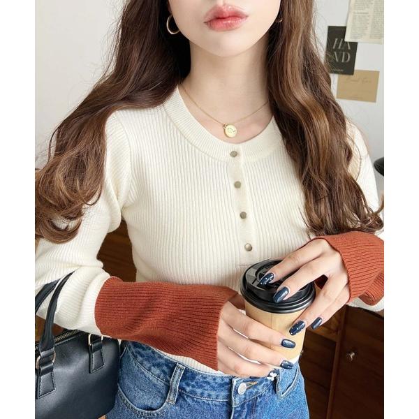 ニット セーター 袖配色ヘンリーネックリブニットプルオーバー レディース