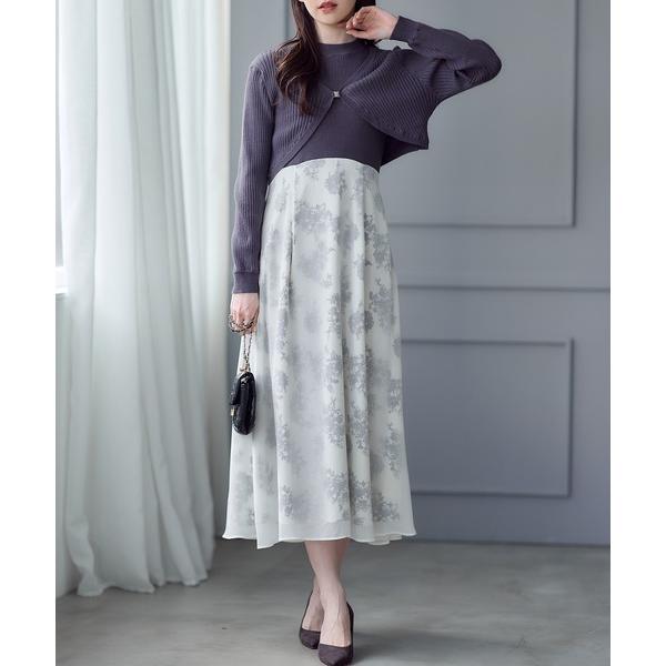 ワンピース 花柄ドッキングニットワンピース×カーディガンセット