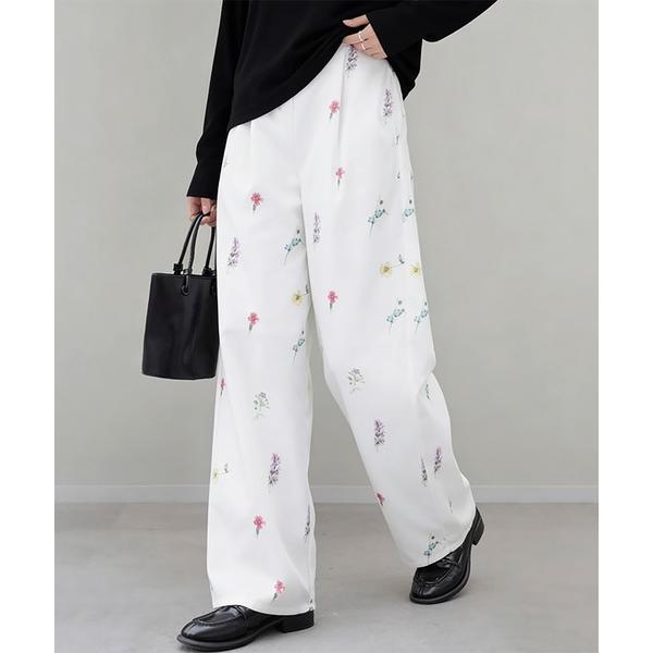 ワイドパンツ スラックス パンツ 花柄ワイドスラックス レディース
