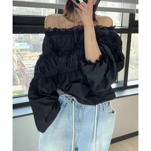 ブラウス シャツ レース切替ボリュームスリーブティアードブラウス レディース