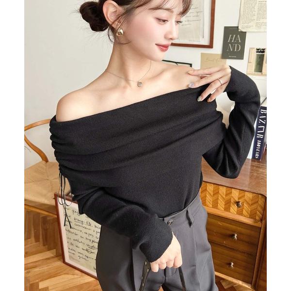 ニット セーター ドロストリボンオフショルニットプルオーバー レディース