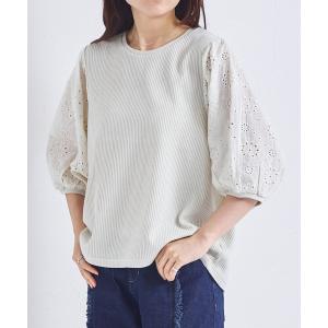 tシャツ 「ふんわりワッフル」「リンクコーデ」「ママサイズ」花柄レース パフ袖ブラウス レディース