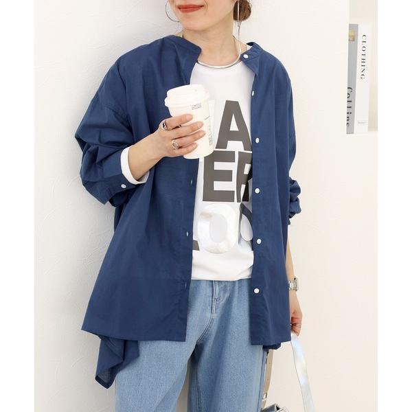 ブラウス シャツ キャンブリックコットンイレギュラーヘムバンドカラーシャツ レディース