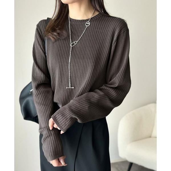 tシャツ 着映えトップス。シンプルライトリブニットカットソー(半袖）(長袖） レディース