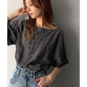 tシャツ 半袖 綿100%ヴィンテージウォッシュ前後2way刺繍オーバーサイズワイドネックTシャツ レディース