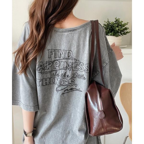 tシャツ 綿100%ヴィンテージウォッシュ前後2way刺繍オーバーサイズワイドネックTシャツ レディ...