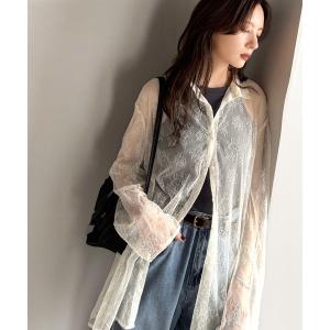 uvカット ブラウス シャツ 夏 甘さ控えめ、大人の肌魅せ♪チュールレースオーバーシャツ（長袖）紫外線・日焼け対策/冷房対策 レディース