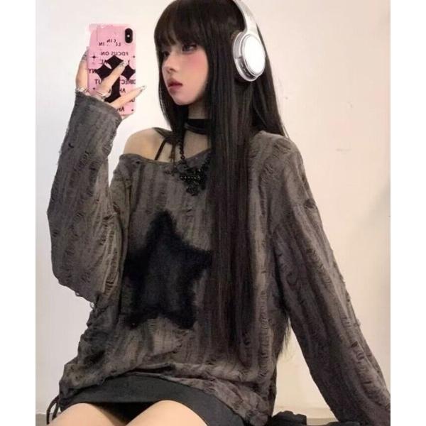 tシャツ ダメージ スター ルーズ トップス ギャザー デザイン 韓国 ストリート y2k 古着風 ...