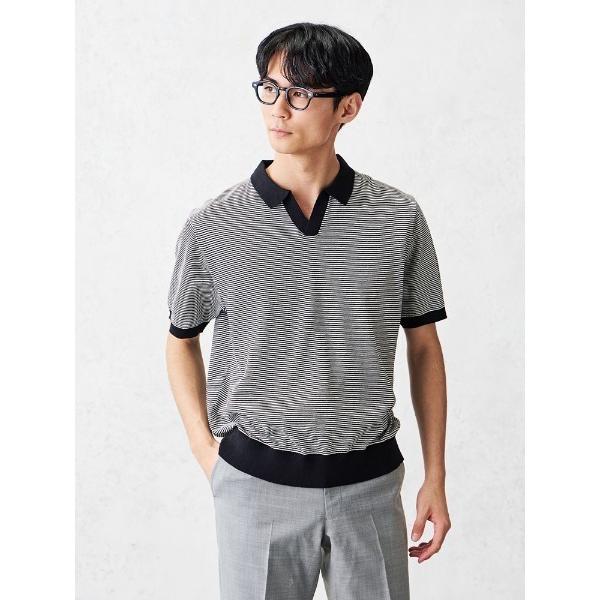 セーター ニット ハイゲージ　コットン　ボーダー　スキッパーニット　ブラック/ベージュ メンズ