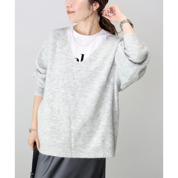 ニット セーター 片畦編みVネックゆるニットプルオーバー レディース