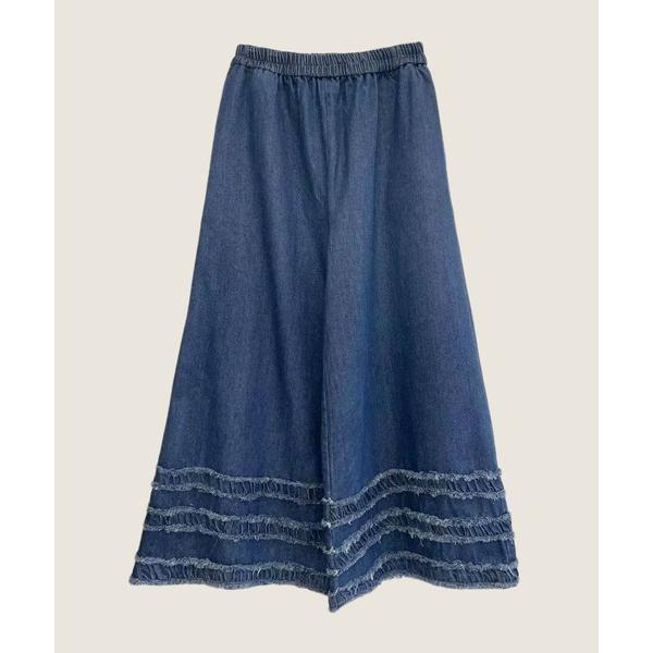 ジーンズ デニム デニムパンツ 裾フリル刺繍デニムワイドパンツ レディース