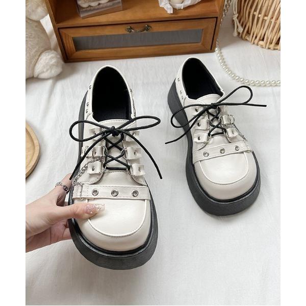 ブーツ ハートバックル リベットレースアップチェーン厚底シューズ レディース