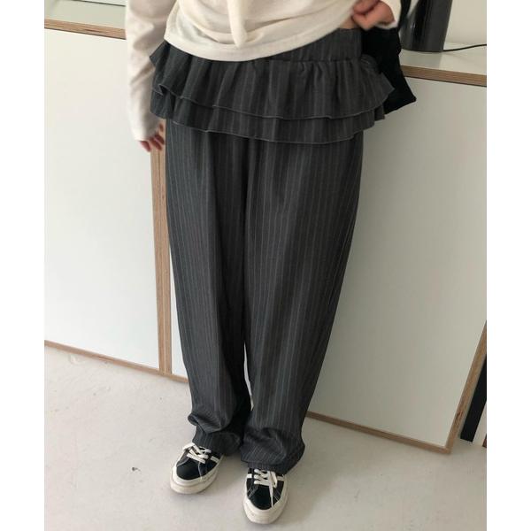 スラックス パンツ ウエストティアードフリル ストライプワイドスラックスパンツ レディース