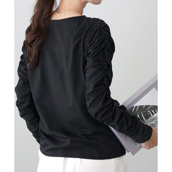 tシャツ ボートネック袖シャーリングカットソー レディース