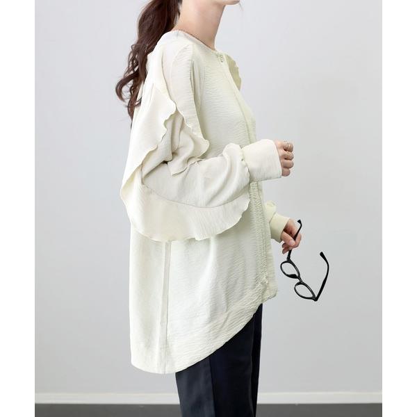 ブラウス シャツ シワ加工袖フリル前開きブラウス レディース