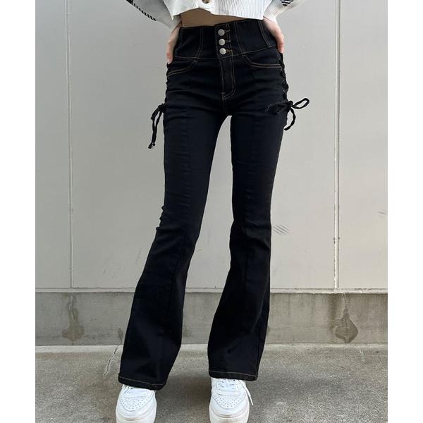 ジーンズ デニム デニムパンツ 脇レースアップハイウエストデニムフレアパンツ レディース