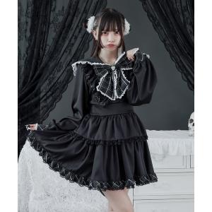 avenchumu ワンピース 黒 AVENCHUMU ワンピース Frill choker sheer tiered illustration