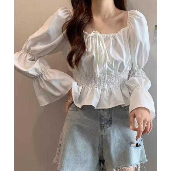 ブラウス シャツ リボンスクエアネックブラウス レディース