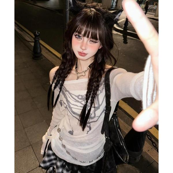 tシャツ シアー レイヤードネックレス プリント トップス ロンT 韓国ストリート Y2K 古着風 ...