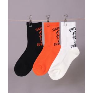 靴下 (LG)「UNIVERSAL OVERALL」「3足セット」バッグ カレッジロゴ ＆ WINDY リブ クルーソックス メンズ レディース